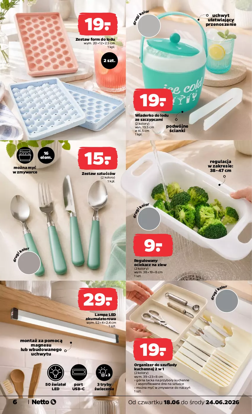 Gazetka promocyjna Netto - Od Czwartku - ważna 18.06 do 24.06.2026 - strona 6 - produkty: Akumulator, Lampa, Lampa LED, Ociekacz, Organizer, Por, Przybory kuchenne, Zestaw sztućców, Zlew