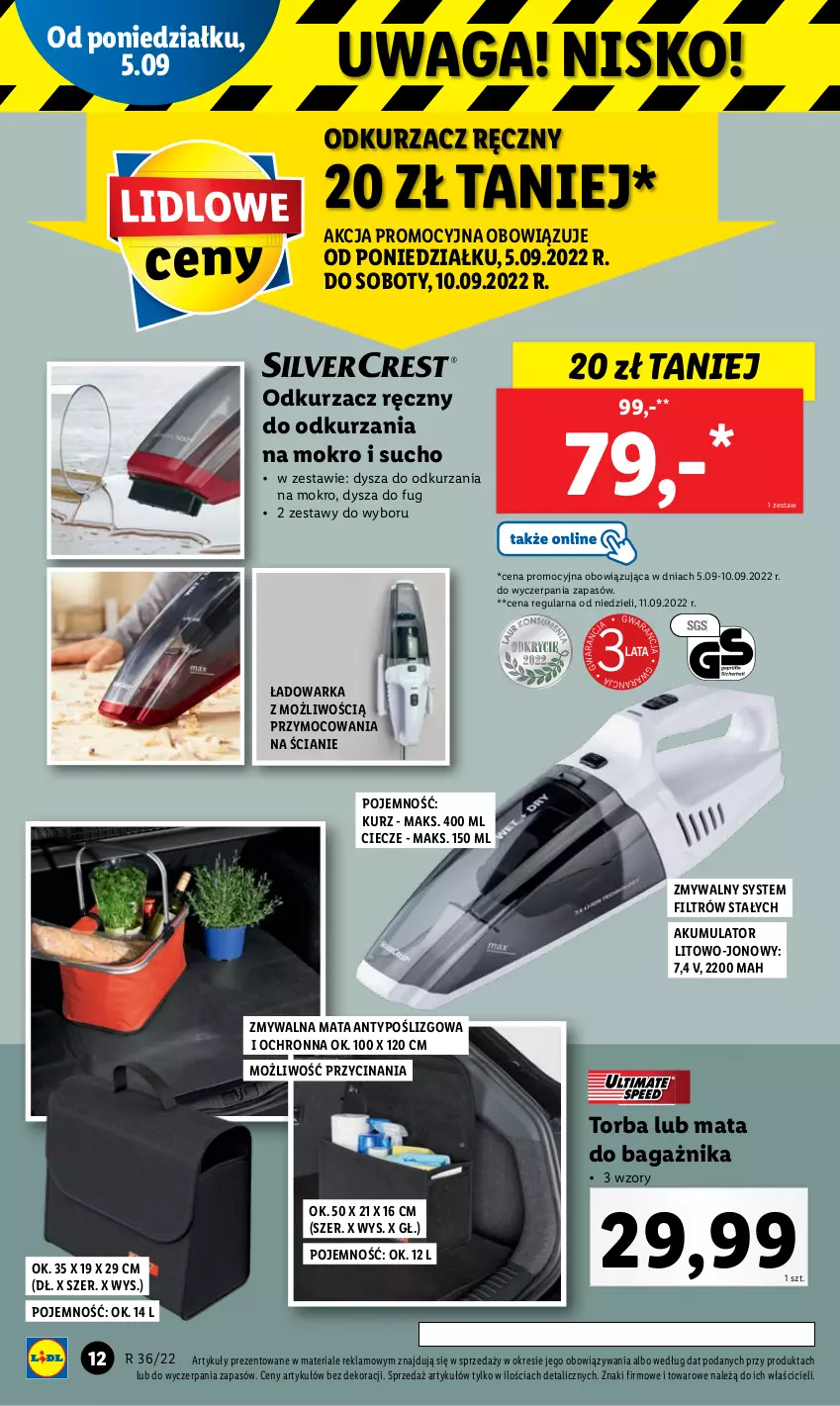 Gazetka promocyjna Lidl - GAZETKA - ważna 05.09 do 10.09.2022 - strona 12 - produkty: Akumulator, Mata do bagażnika, O Bag, Odkurzacz, Torba, Waga, Warka