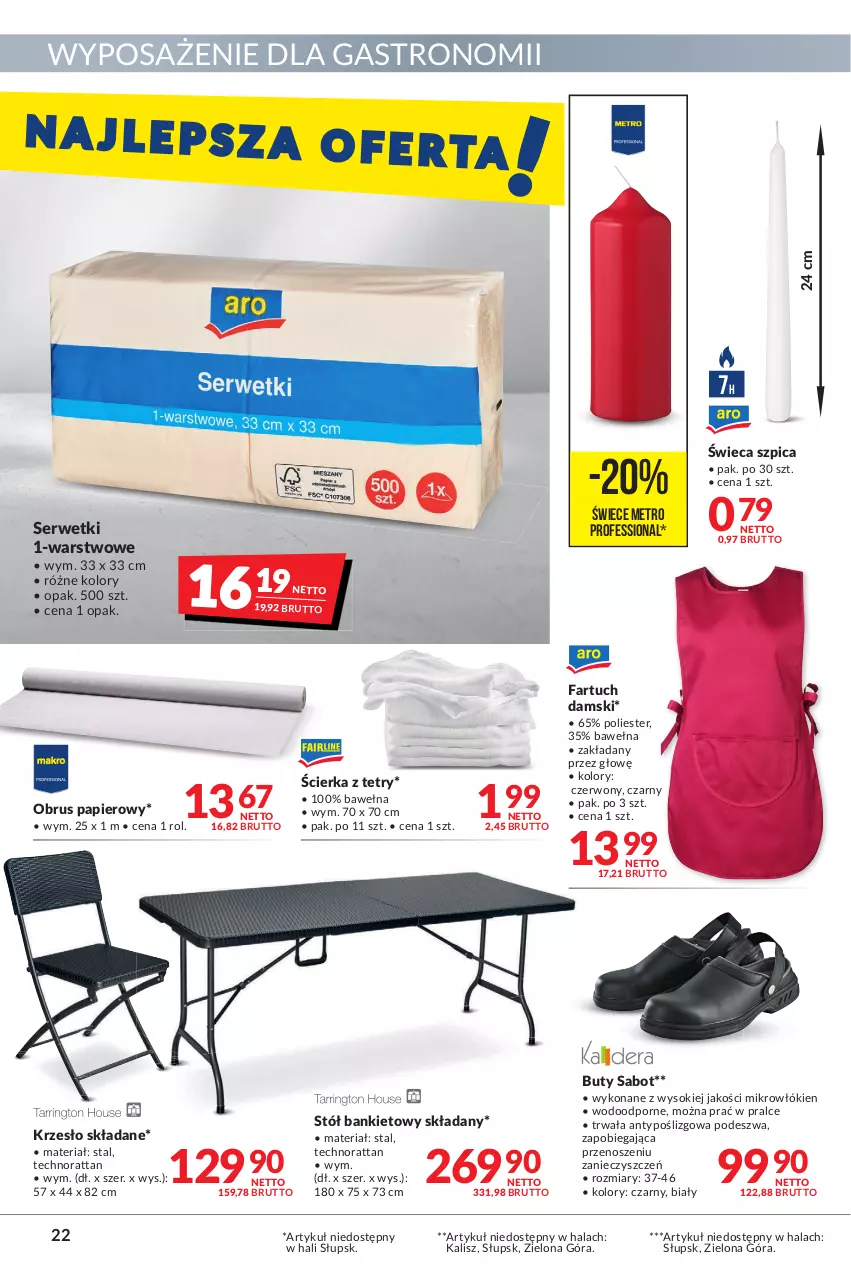 Gazetka promocyjna Makro - [Oferta promocyjna] Artykuły spożywcze i przemysłowe - ważna 07.01 do 24.01.2022 - strona 22 - produkty: Buty, Fa, Krzesło, Krzesło składane, Metro, Obrus, Papier, Por, Ser, Serwetki, Sok, Stół, Szpic, Wełna