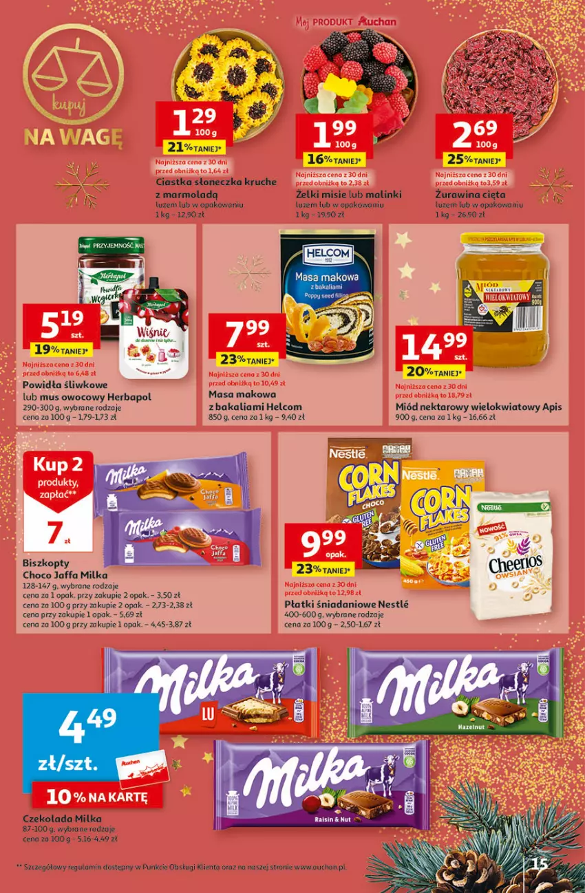 Gazetka promocyjna Auchan - Gazetka Magia Świąt Część 3 Hipermarket Auchan - ważna 30.11 do 06.12.2023 - strona 15 - produkty: Biszkopty, Ciastka, Czekolada, Danio, Fa, HELCOM, Herbapol, Milka, Miód, Mola, Mus, Nektar