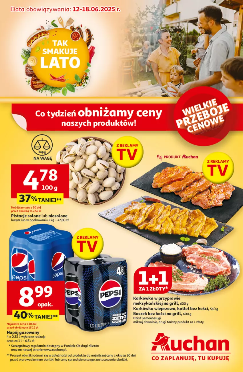 Gazetka promocyjna Auchan - Tak smakuje lato Hipermarket - ważna 12.06 do 18.06.2025 - strona 1 - produkty: Boczek, Boczek bez kości, Grill, Karkówka wieprzowa, Kotlet, Napój, Napój gazowany, Pistacje