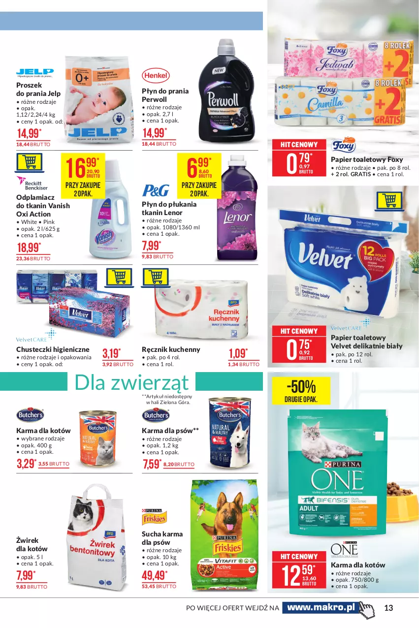 Gazetka promocyjna Makro - [Oferta promocyjna] Artykuły spożywcze - ważna 18.05 do 31.05.2021 - strona 13 - produkty: Chusteczki, Foxy, Gra, Lenor, Odplamiacz, Papier, Papier toaletowy, Perwoll, Płyn do płukania, Płyn do prania, Proszek do prania, Ręcznik, Ręcznik kuchenny, Sucha karma, Vanish, Velvet