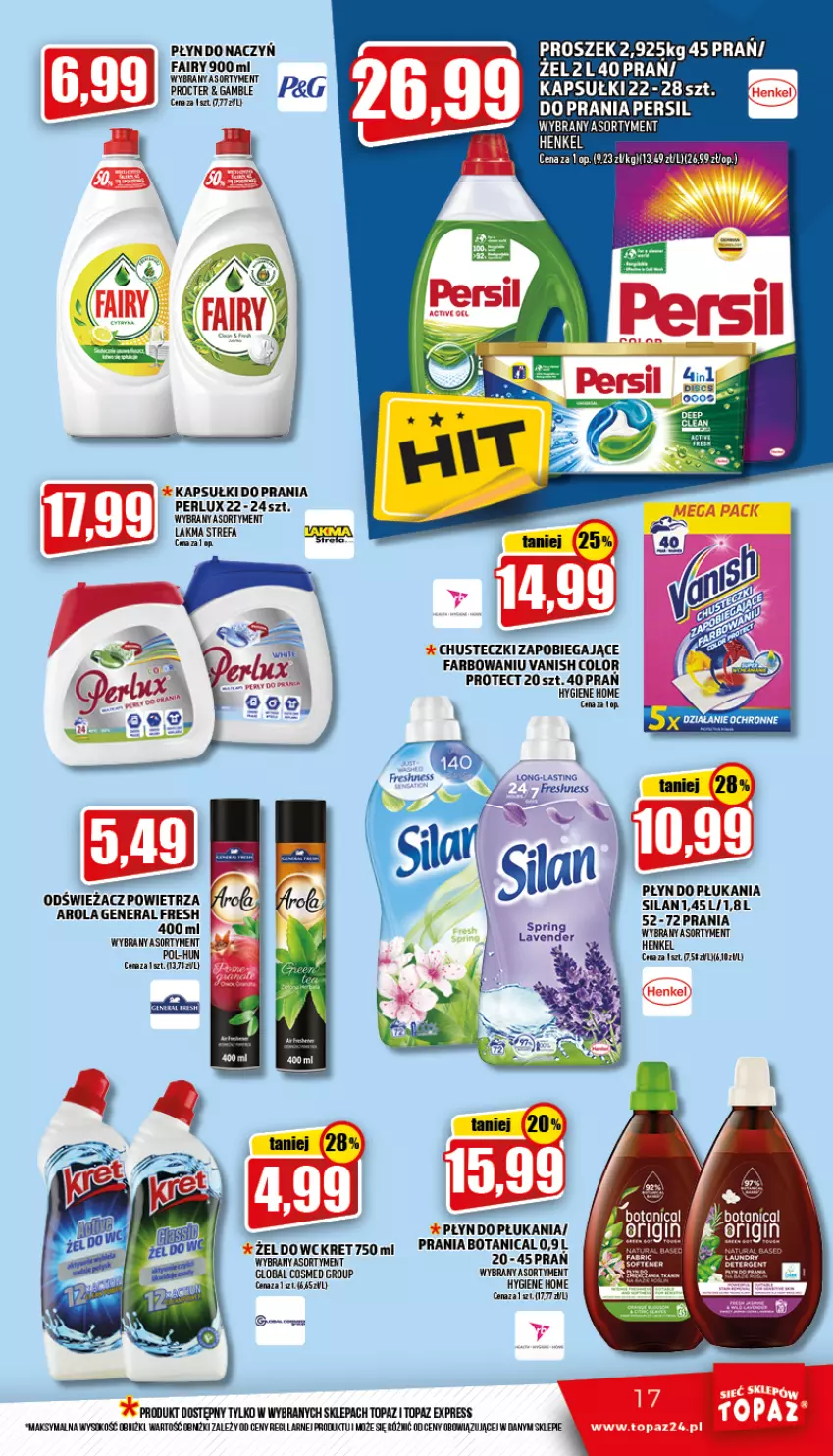 Gazetka promocyjna Topaz - Gazetka - ważna 30.06 do 06.07.2022 - strona 17 - produkty: Chusteczki, Fa, Fairy, Kapsułki do prania, Kret, Odświeżacz powietrza, Persil, Płyn do płukania, Silan, Sok, Top, Vanish