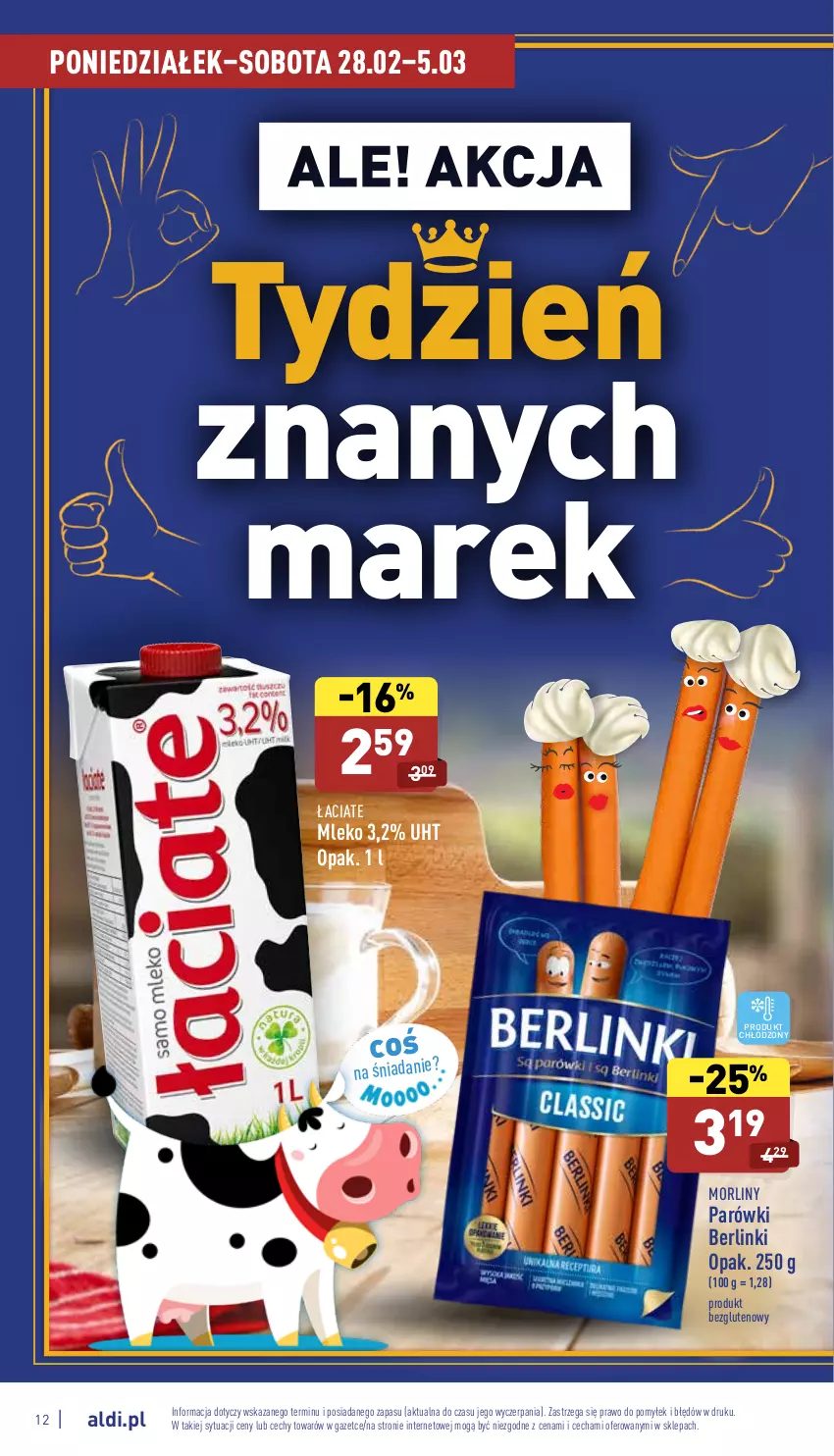 Gazetka promocyjna Aldi - Katalog spożywczy - ważna 28.02 do 05.03.2022 - strona 12 - produkty: Berlinki, Mleko, Morliny, Parówki