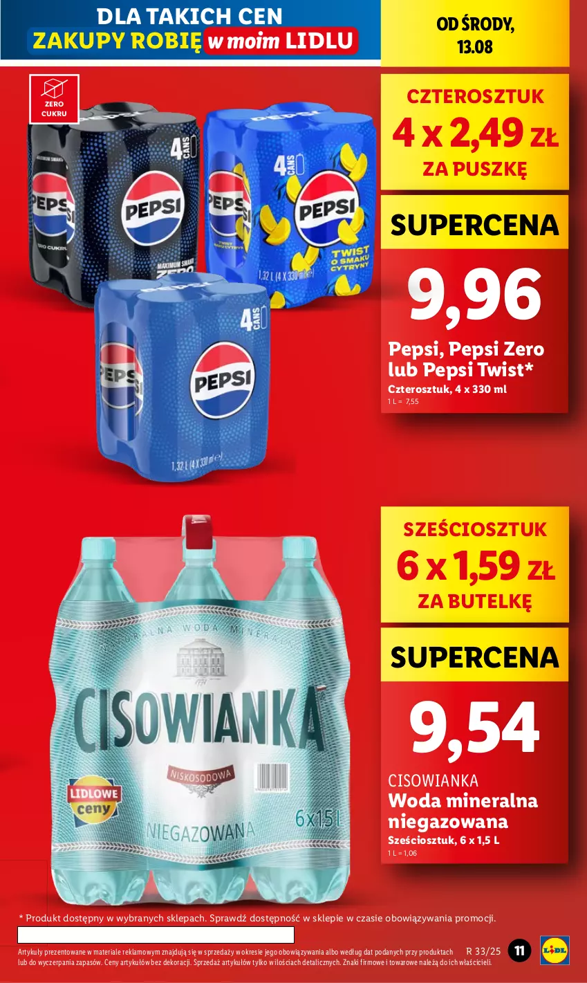Gazetka promocyjna Lidl - GAZETKA - ważna 13.08 do 16.08.2025 - strona 11 - produkty: Cisowianka, Pepsi, Woda, Woda mineralna