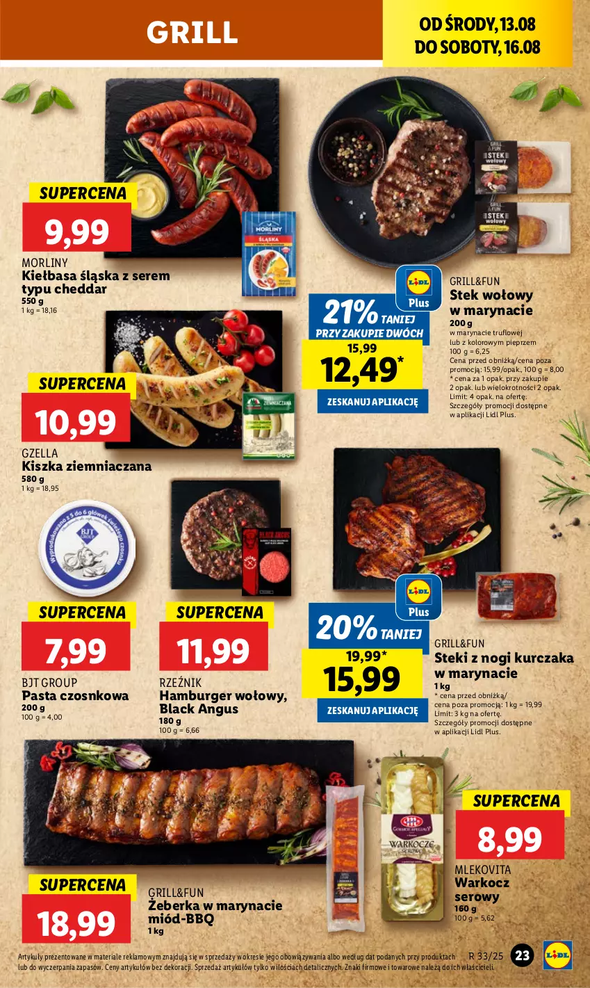 Gazetka promocyjna Lidl - GAZETKA - ważna 13.08 do 16.08.2025 - strona 25 - produkty: Burger, Cheddar, Grill, Hamburger, Kiełbasa, Kiełbasa śląska, Koc, Kurczak, Lack, Miód, Mleko, Mlekovita, Morliny, Pieprz, Ser, Stek, Stek wołowy