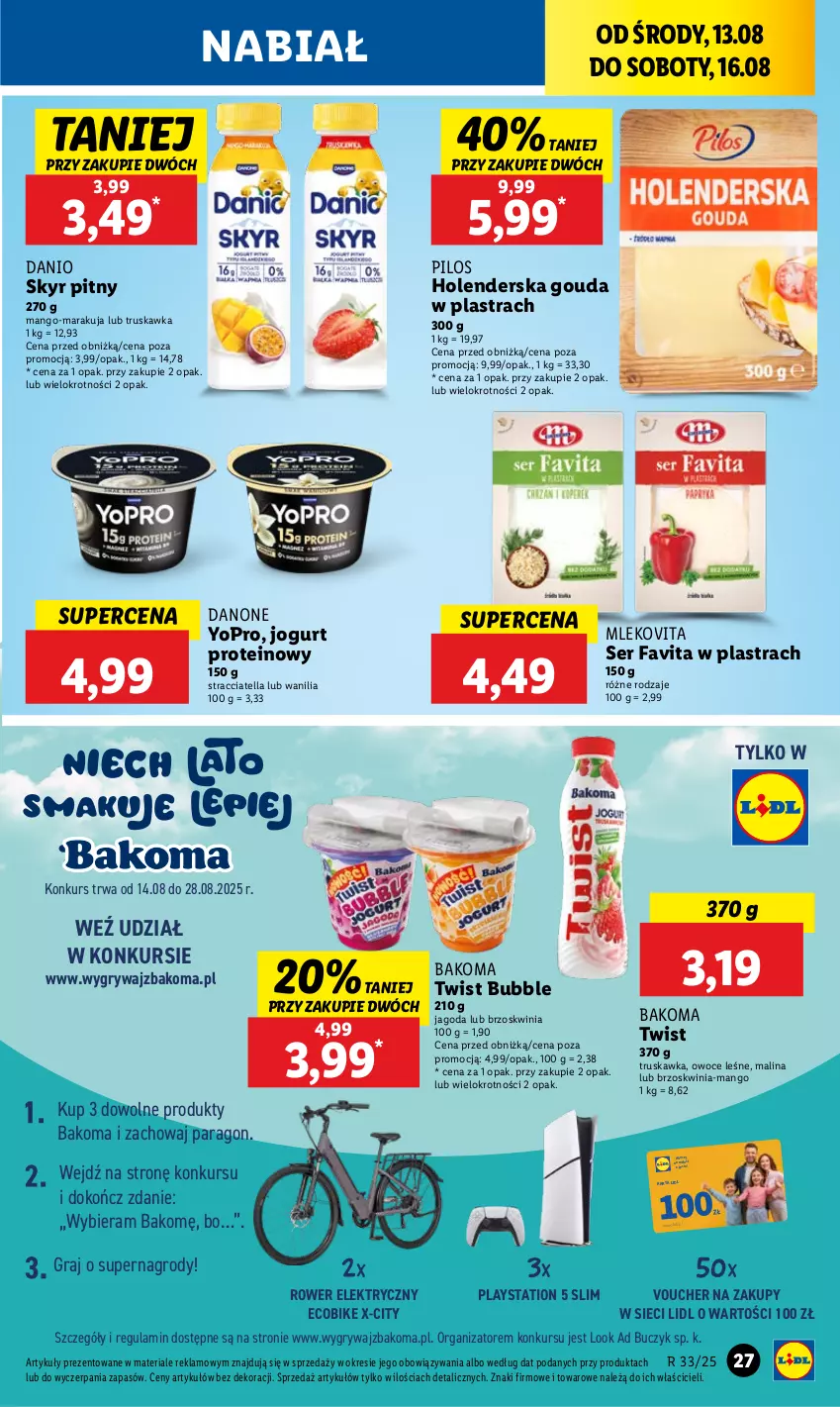Gazetka promocyjna Lidl - GAZETKA - ważna 13.08 do 16.08.2025 - strona 29 - produkty: Bakoma, Danio, Danone, Fa, Favita, Gouda, Gra, Gry, Jogurt, Mango, Mleko, Mlekovita, Owoce, Pilos, PlayStation, PlayStation 5, Rower, Rower elektryczny, Ser