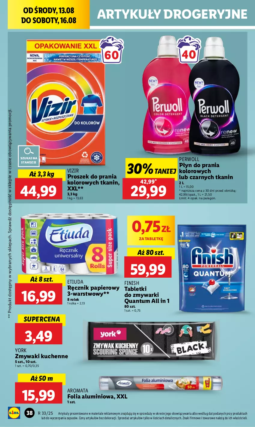 Gazetka promocyjna Lidl - GAZETKA - ważna 13.08 do 16.08.2025 - strona 46 - produkty: Finish, Folia aluminiowa, Papier, Perwoll, Płyn do prania, Proszek do prania, Ręcznik, Tablet, Vizir, Zmywaki kuchenne, Zmywarki
