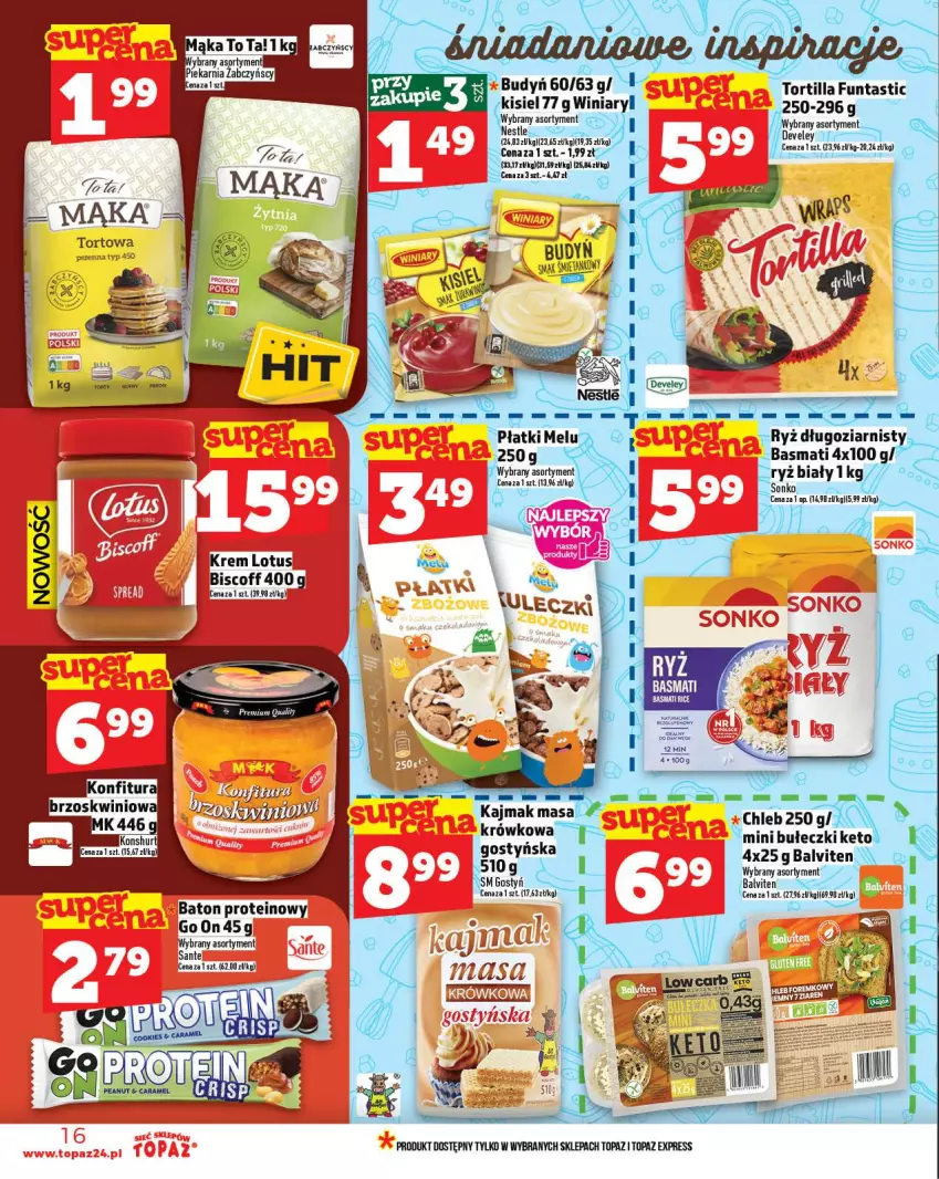 Gazetka promocyjna Topaz - Gazetka - ważna 30.10 do 05.11.2025 - strona 16 - produkty: Baton, Budyń, Bułeczki, Chleb, Fa, Fanta, Gry, Kisiel, Ryż, Sante, Top, Tortilla