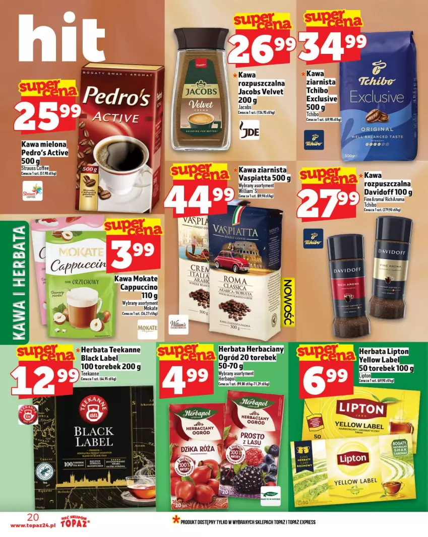 Gazetka promocyjna Topaz - Gazetka - ważna 30.10 do 05.11.2025 - strona 20 - produkty: Cappuccino, Gin, Herbata, Jacobs, Jacobs Velvet, Kawa, Kawa mielona, Kawa ziarnista, Lack, Ogród, Tchibo, Teekanne, Top, Velvet