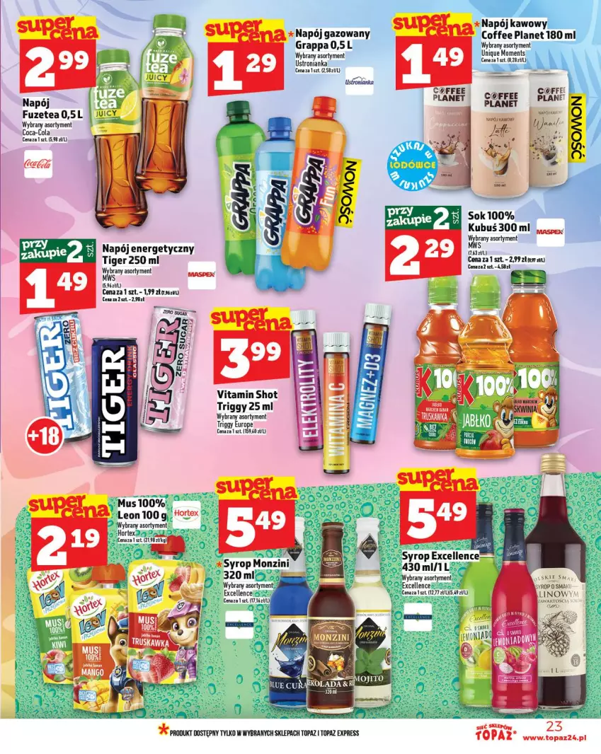 Gazetka promocyjna Topaz - Gazetka - ważna 30.10 do 05.11.2025 - strona 23 - produkty: Gra, Grappa, Hortex, Kubuś, Leon, Mus, Napój, Napój gazowany, Sok, Syrop, Top