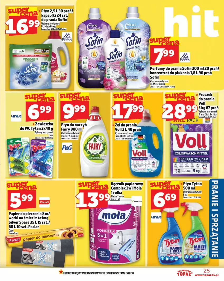 Gazetka promocyjna Topaz - Gazetka - ważna 30.10 do 05.11.2025 - strona 25 - produkty: Fa, Fairy, Mola, Papier, Papier do pieczenia, Perfum, Piec, Proszek do prania, Ręcznik, Top, Tytan, Worki na śmiec, Worki na śmieci, Zawieszka do wc