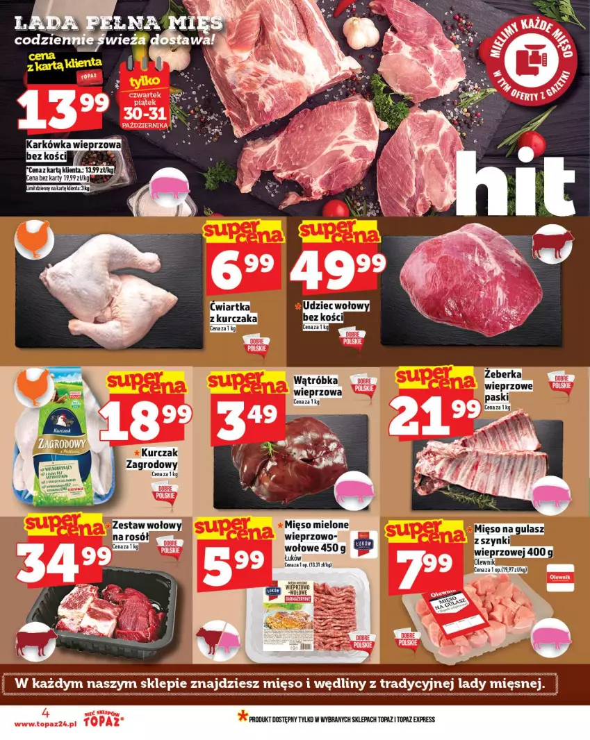 Gazetka promocyjna Topaz - Gazetka - ważna 30.10 do 05.11.2025 - strona 4 - produkty: Kurczak, Mięso, Mięso na gulasz, Olewnik, Ser, Top, Udziec wołowy