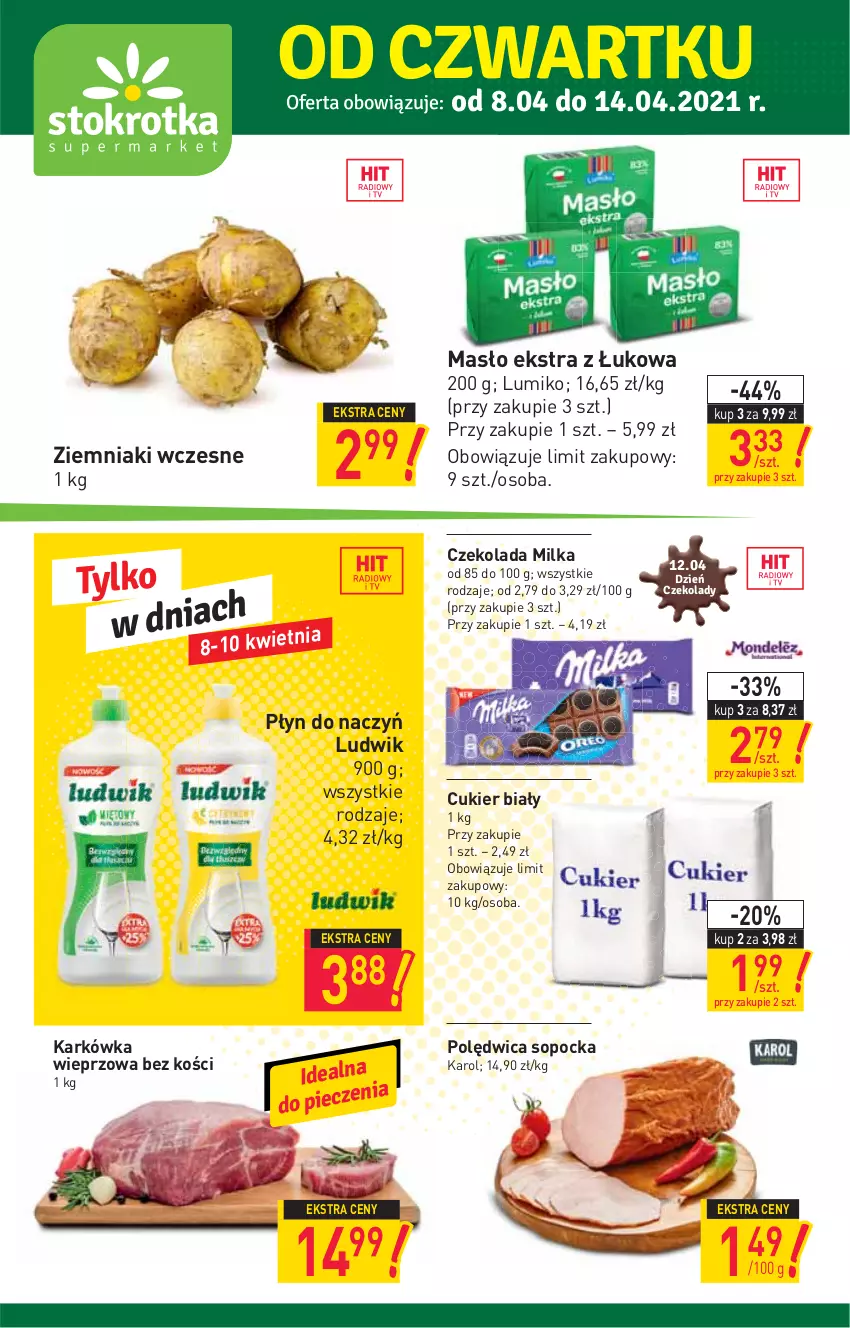 Gazetka promocyjna Stokrotka - Supermarket - ważna 08.04 do 14.04.2021 - strona 1 - produkty: Cukier, Czekolada, Karkówka wieprzowa, Ludwik, Masło, Milka, Polędwica, Ziemniaki