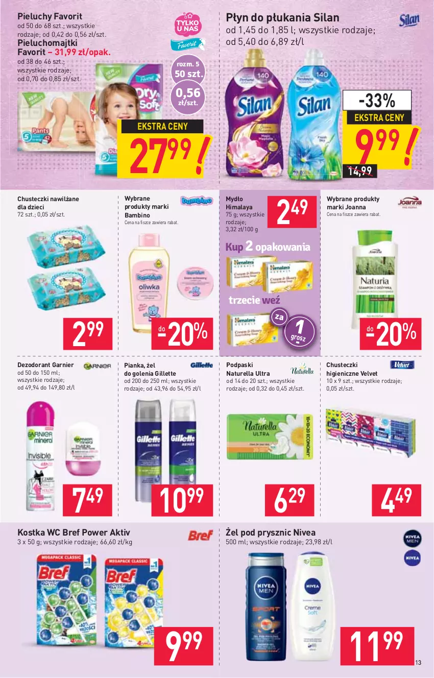 Gazetka promocyjna Stokrotka - Supermarket - ważna 08.04 do 14.04.2021 - strona 13 - produkty: Bref, Chusteczki, Dezodorant, Dzieci, Fa, Garnier, Gillette, Himalaya, Joanna, Majtki, Mydło, Naturell, Naturella, Nivea, Pieluchomajtki, Pieluchy, Płyn do płukania, Podpaski, Silan, Velvet