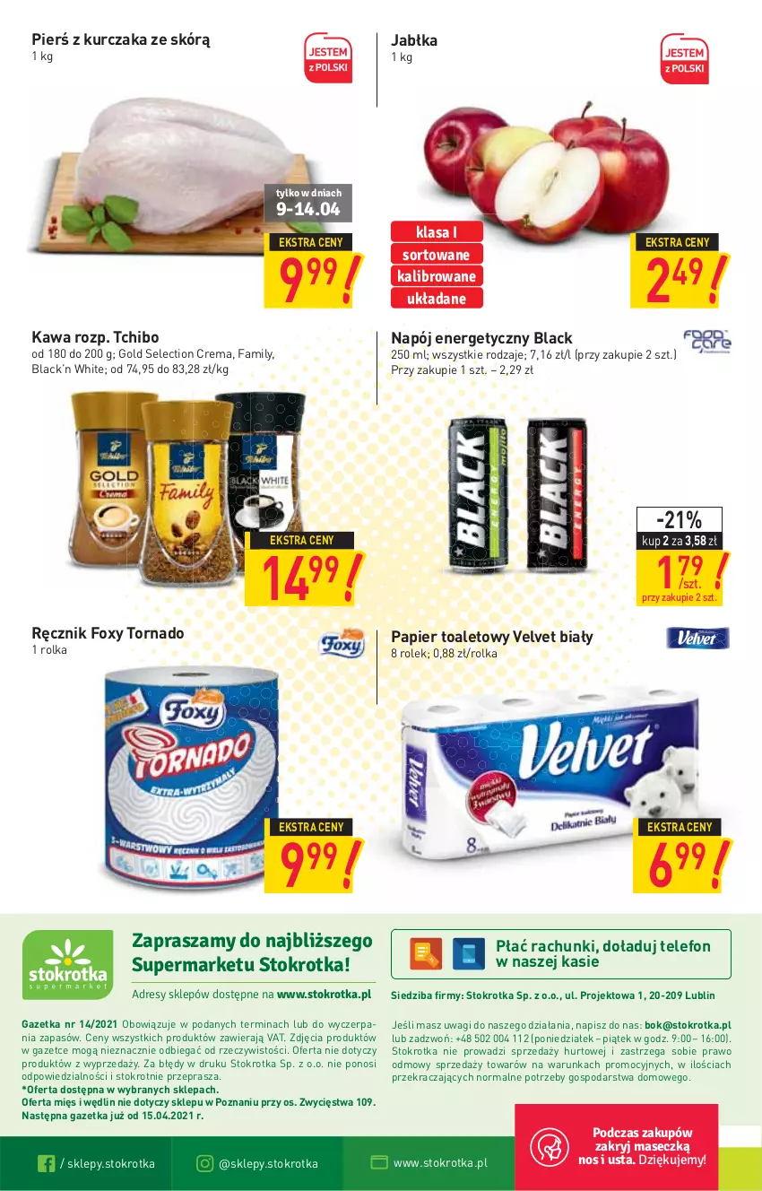 Gazetka promocyjna Stokrotka - Supermarket - ważna 08.04 do 14.04.2021 - strona 16 - produkty: Fa, Foxy, Jabłka, Kawa, Kurczak, Lack, Napój, Napój energetyczny, O nas, Papier, Papier toaletowy, Ręcznik, Tchibo, Telefon, Velvet, Wagi