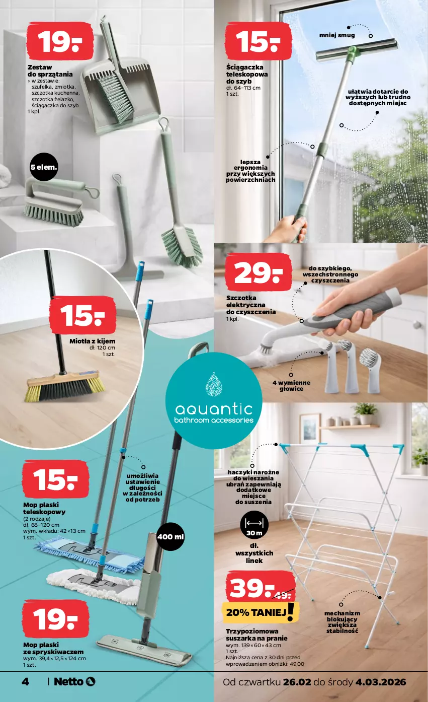 Gazetka promocyjna Netto - Od Czwartku - ważna 26.02 do 04.03.2026 - strona 4 - produkty: Haczyk, Kije, Miotła, Mop, Suszarka, Suszarka na pranie, Szczotka, Szufelka, Teleskop