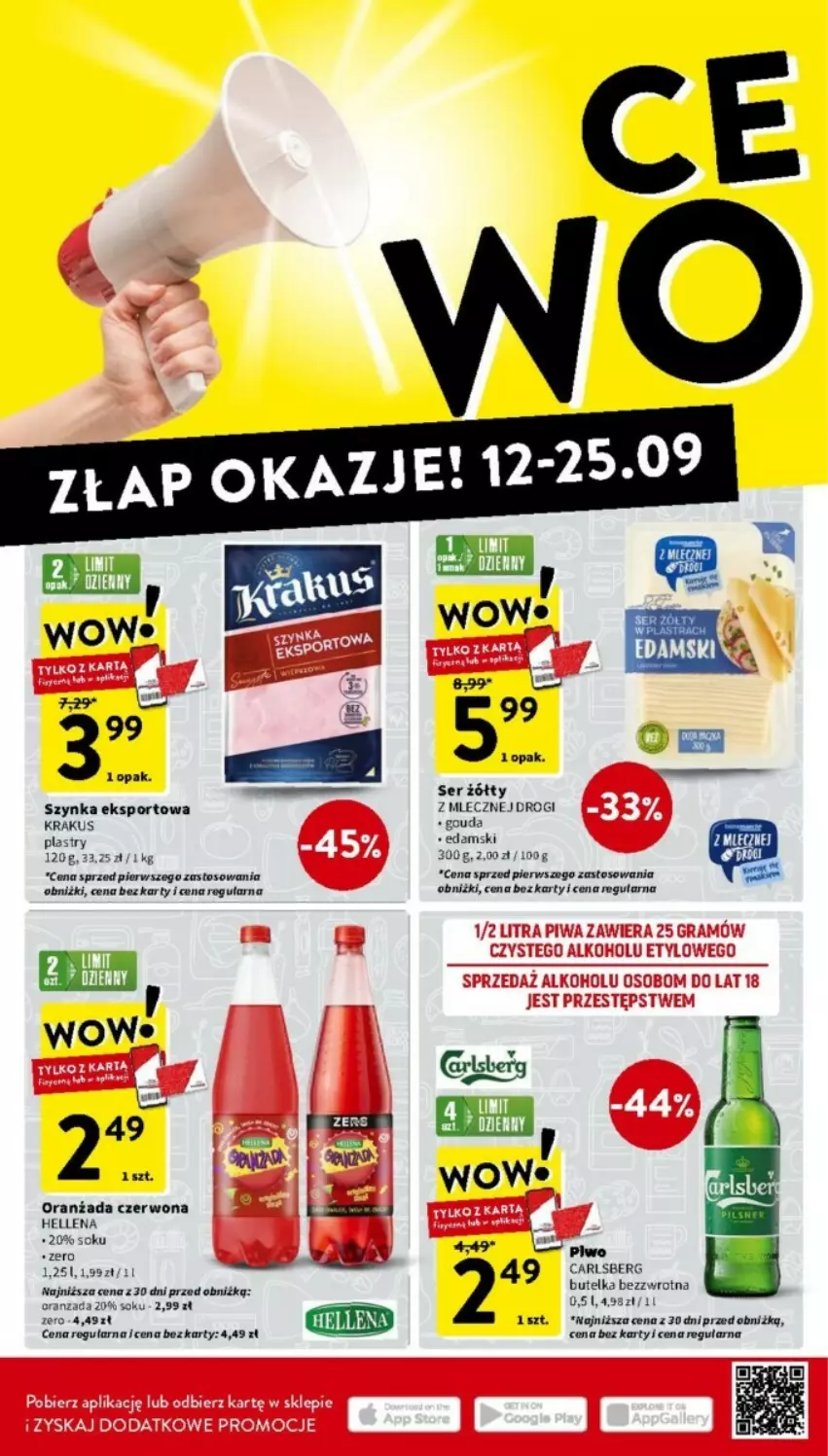 Gazetka promocyjna Intermarche - ważna 12.09 do 18.09.2024 - strona 12 - produkty: Carlsberg, Edam, Gouda, Hellena, Krakus, Oranżada, Por, Ser, Sok, Sport, Szynka