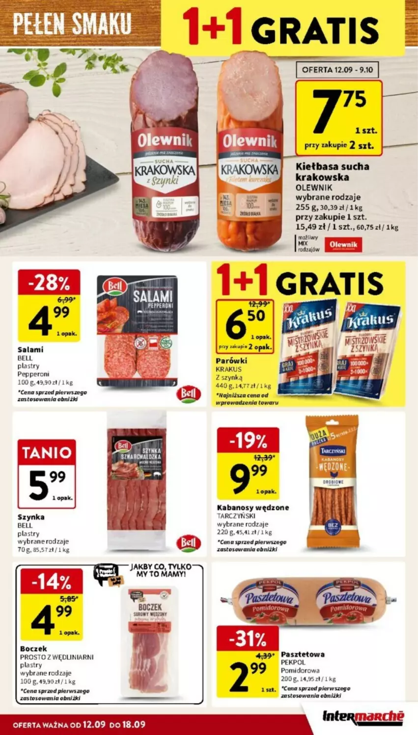 Gazetka promocyjna Intermarche - ważna 12.09 do 18.09.2024 - strona 14 - produkty: Bell, Boczek, Gra, Kabanos, Kiełbasa, Krakus, Olewnik, Parówki, Salami, Szynka, Tarczyński