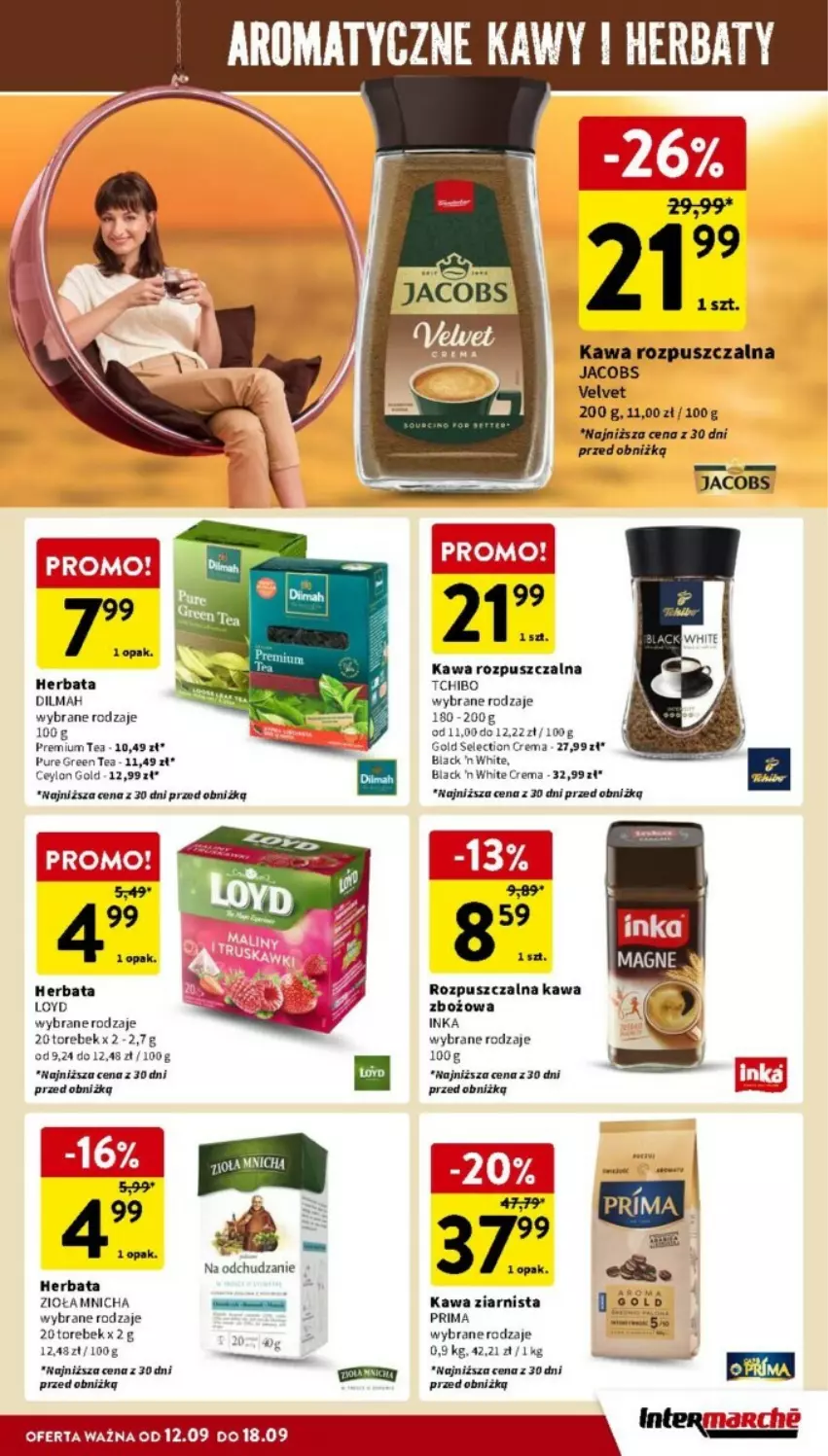 Gazetka promocyjna Intermarche - ważna 12.09 do 18.09.2024 - strona 20 - produkty: Dilmah, Herbata, Inka, Jacobs, Jacobs Velvet, Kawa, Kawa rozpuszczalna, Kawa zbożowa, Kawa ziarnista, Lack, Loyd, Prima, Pur, Tchibo, Velvet