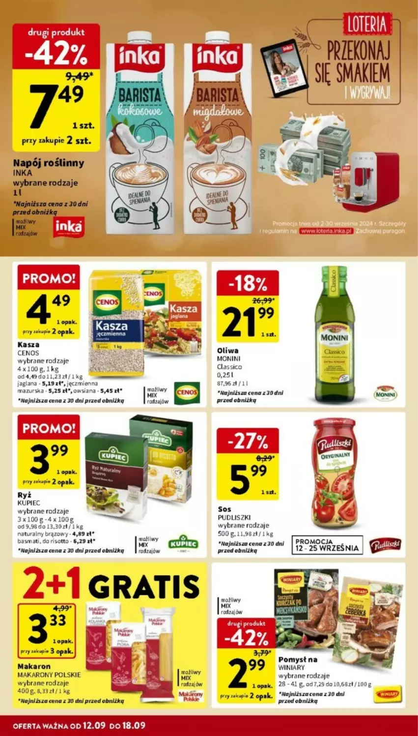 Gazetka promocyjna Intermarche - ważna 12.09 do 18.09.2024 - strona 26 - produkty: Cenos, Gra, Inka, Kasza, Kupiec, LANA, Makaron, Monini, Napój, Napój roślinny, Oliwa, Piec, Pudliszki, Ryż, Sos, Winiary