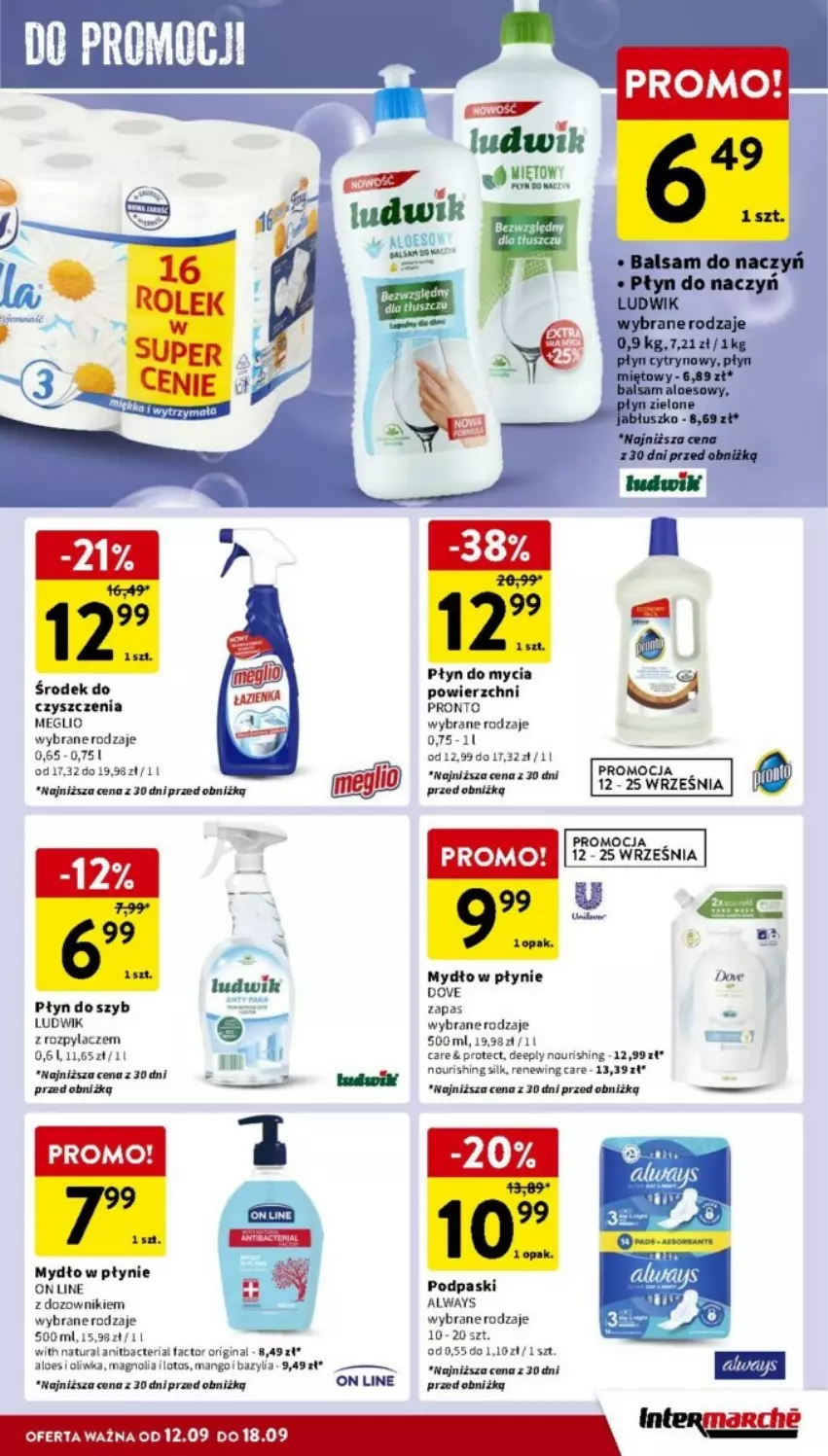 Gazetka promocyjna Intermarche - ważna 12.09 do 18.09.2024 - strona 31 - produkty: Always, Dove, Ludwik, Mydło, Mydło w płynie, Płyn do mycia, Płyn do szyb, Podpaski, Pronto