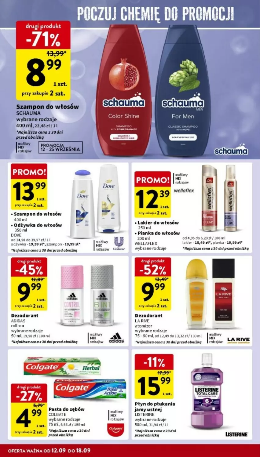 Gazetka promocyjna Intermarche - ważna 12.09 do 18.09.2024 - strona 32 - produkty: Adidas, Colgate, Dezodorant, Dove, La Rive, Lakier, Lakier do włosów, LG, Listerine, Odżywka, Pasta do zębów, Pianka do włosów, Płyn do płukania, Płyn do płukania jamy ustnej, Schauma, Szampon, Wella, Wellaflex