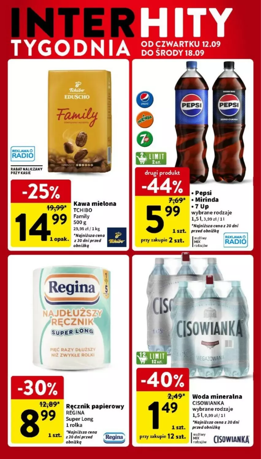 Gazetka promocyjna Intermarche - ważna 12.09 do 18.09.2024 - strona 41 - produkty: 7up, Cisowianka, Gin, Kawa, Kawa mielona, Mirinda, Papier, Pepsi, Ręcznik, Woda, Woda mineralna