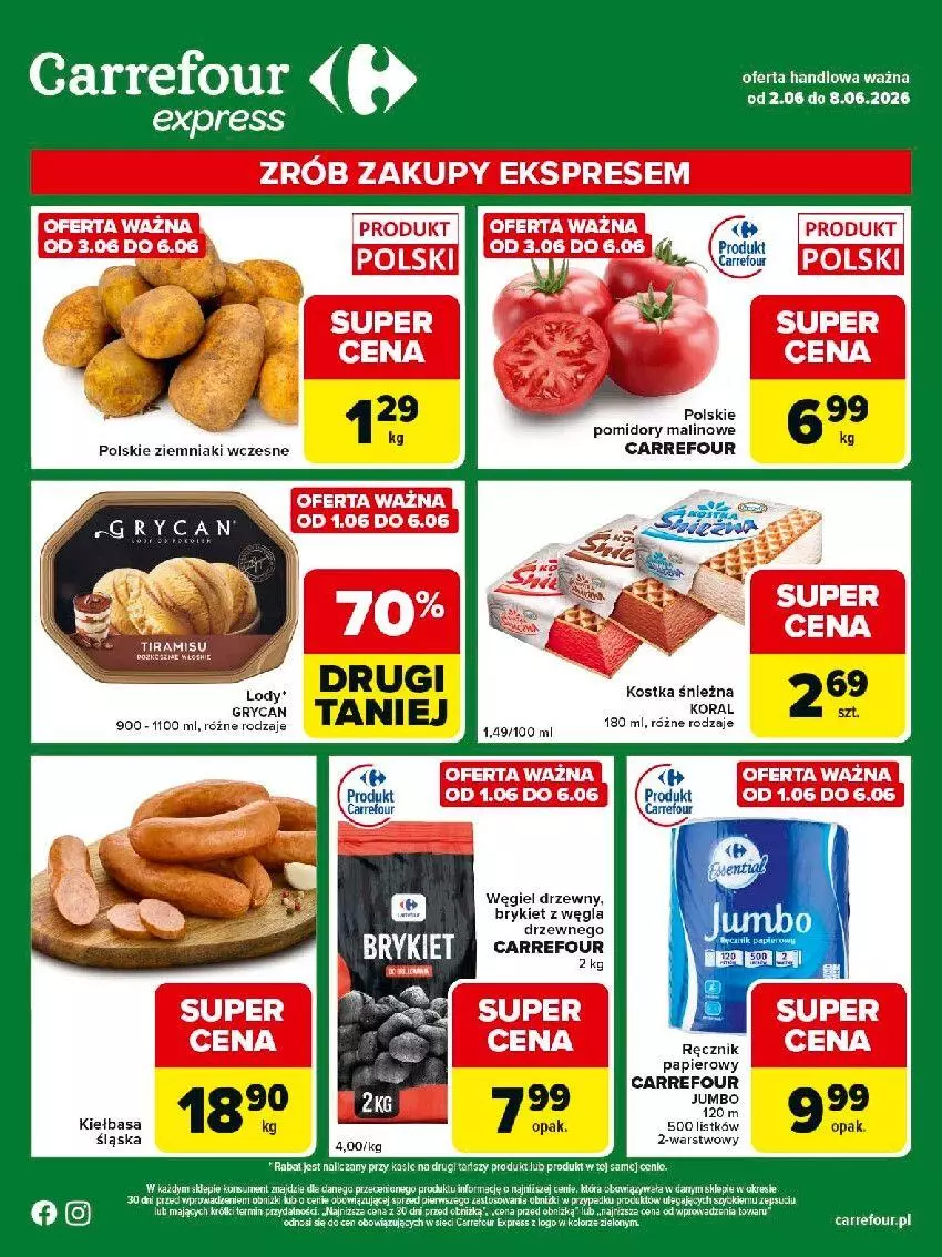 Gazetka promocyjna Carrefour - Gazetka Express - ważna 02.06 do 08.06.2026 - strona 1 - produkty: Dres, Fa, Gry, Kiełbasa, Papier, Pomidory, Ręcznik, Węgiel drzewny