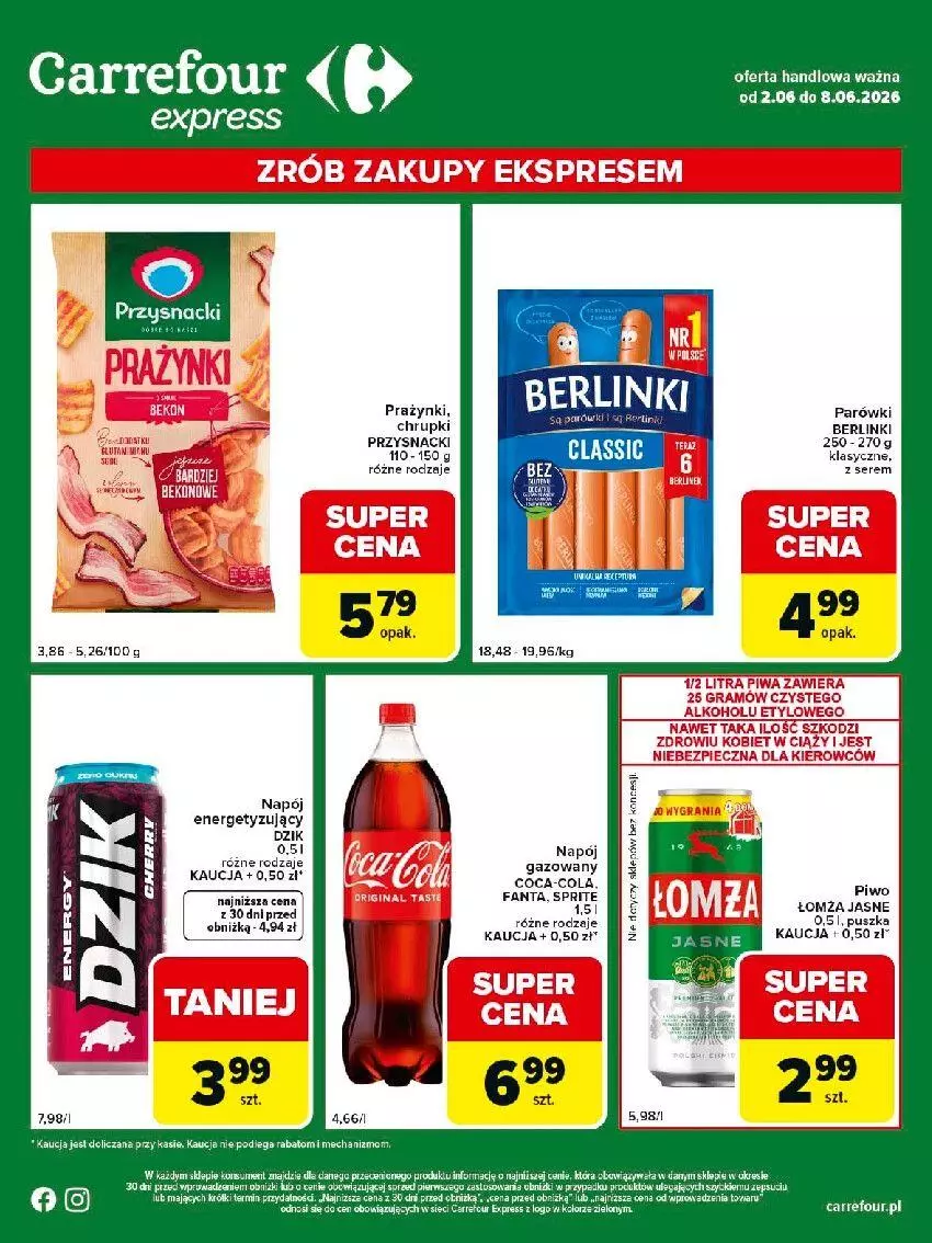 Gazetka promocyjna Carrefour - Gazetka Express - ważna 02.06 do 08.06.2026 - strona 2 - produkty: Chrupki, Coca-Cola, Fa, Fanta, Kasia, Napój, Napój gazowany, Parówki, Piwo, Por, Przysnacki, Sprite