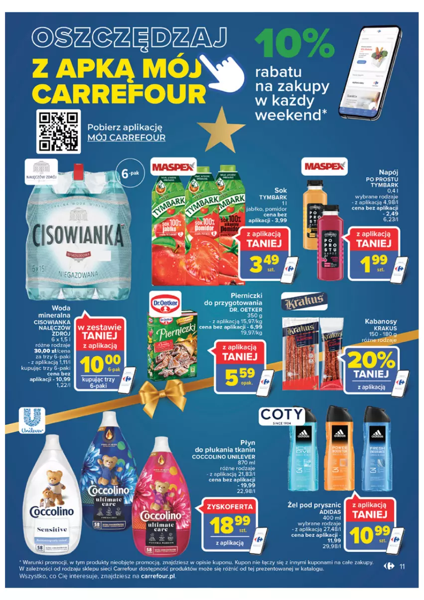 Gazetka promocyjna Carrefour - Gazetka Carrefour - ważna 06.12 do 11.12.2022 - strona 11 - produkty: Adidas, Cisowianka, Coccolino, Kabanos, Krakus, LG, Napój, Płyn do płukania, Por, Tymbark, Woda