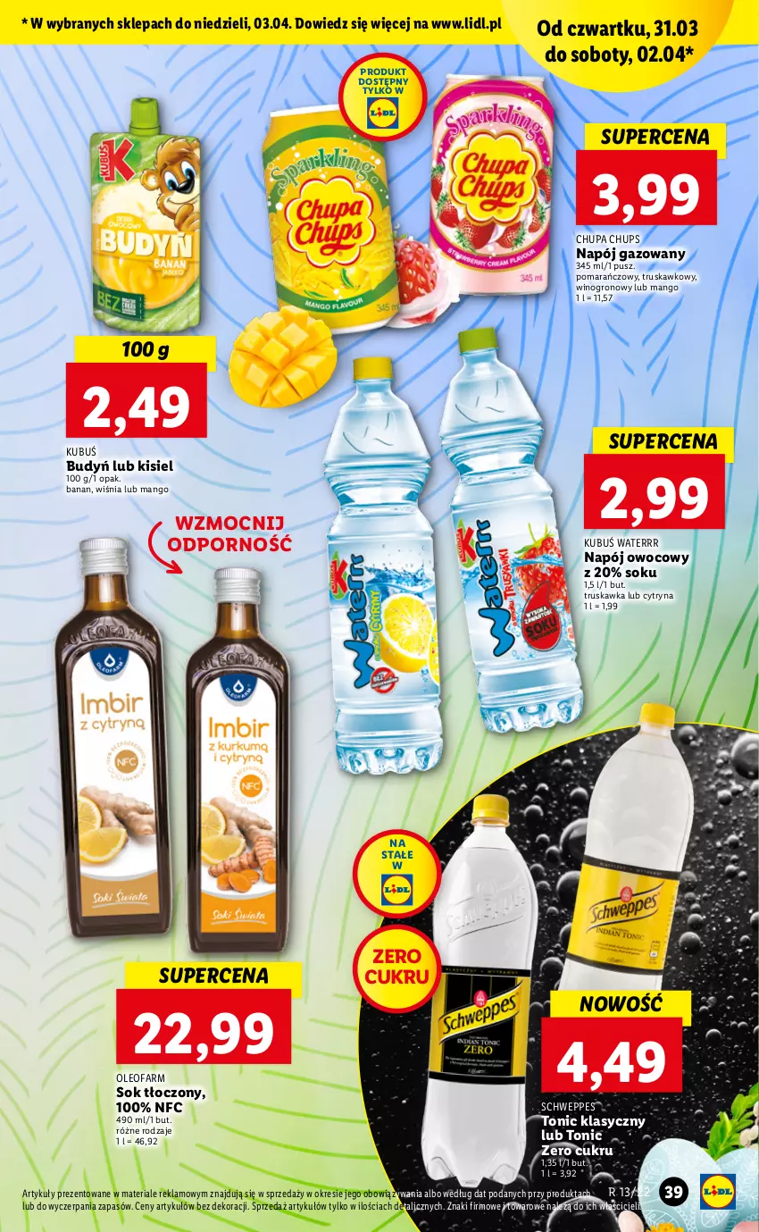 Gazetka promocyjna Lidl - GAZETKA - ważna 31.03 do 03.04.2022 - strona 39 - produkty: Budyń, Chupa Chups, Fa, Kisiel, Kubuś, Kubuś Waterrr, Mango, Napój, Napój gazowany, Oleo, Oleofarm, Por, Schweppes, Sok, Wino