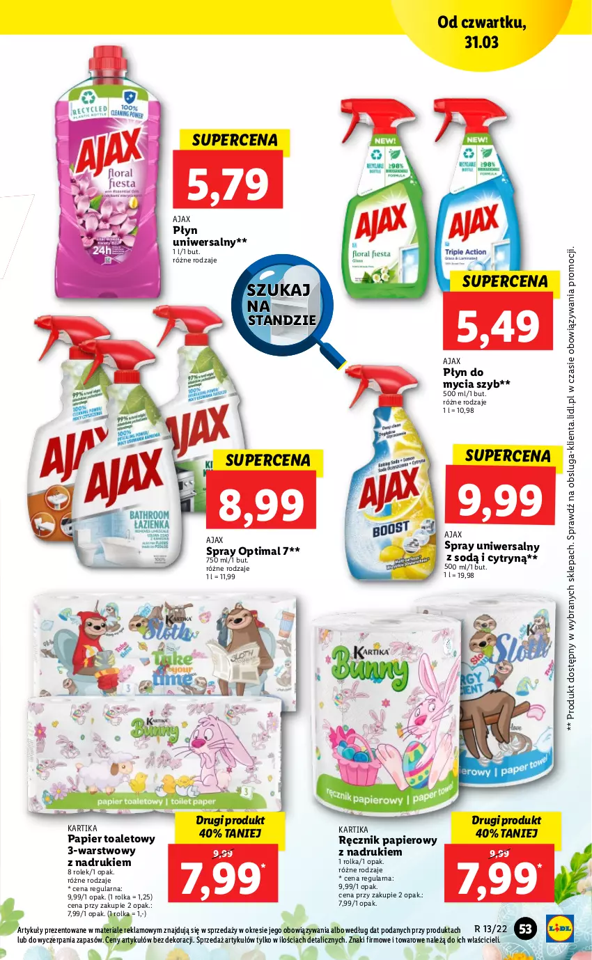 Gazetka promocyjna Lidl - GAZETKA - ważna 31.03 do 03.04.2022 - strona 53 - produkty: Ajax, Optima, Papier, Papier toaletowy, Płyn do mycia, Ręcznik