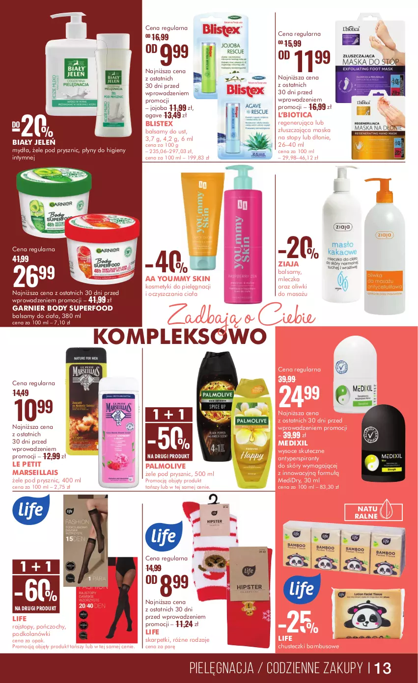 Gazetka promocyjna Super Pharm - ważna 07.11 do 22.11.2024 - strona 13 - produkty: Antyperspirant, Biały Jeleń, Body, Chusteczki, Garnier, Karp, Kosmetyki do pielęgnacji, Mars, Maska, Oliwki, Palmolive, Pończochy, Rajstopy, Skarpetki, Top, Ziaja