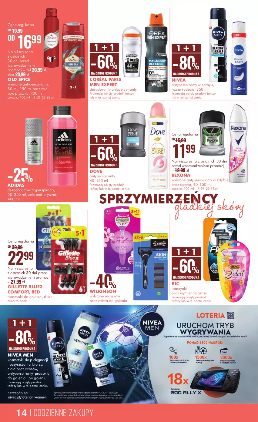 Gazetka promocyjna Super Pharm - ważna 07.11 do 22.11.2024 - strona 14 - produkty: Adidas, Antyperspirant, BIC, Dezodorant, Dove, Gillette, Kosmetyki do pielęgnacji, L’Oréal, Nivea, Nivea Men, Old Spice, Rexona