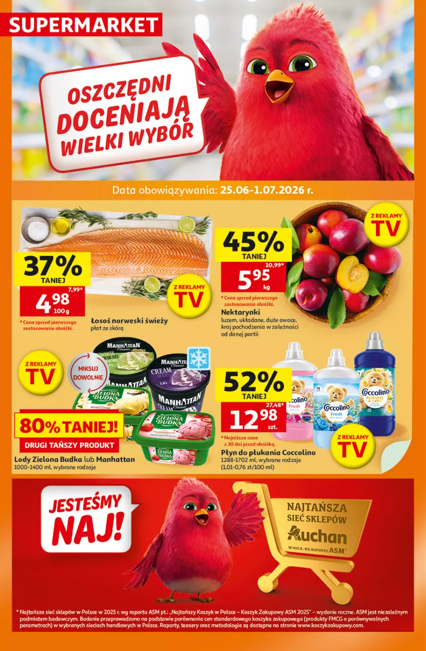 Gazetka promocyjna Auchan - 30 Lat Supermarket - ważna 25.06 do 01.07.2026 - strona 1 - produkty: Coccolino, Kosz, Lody, Nektar, Odol, Owoce, Płyn do płukania, Por, Ser, Zielona Budka