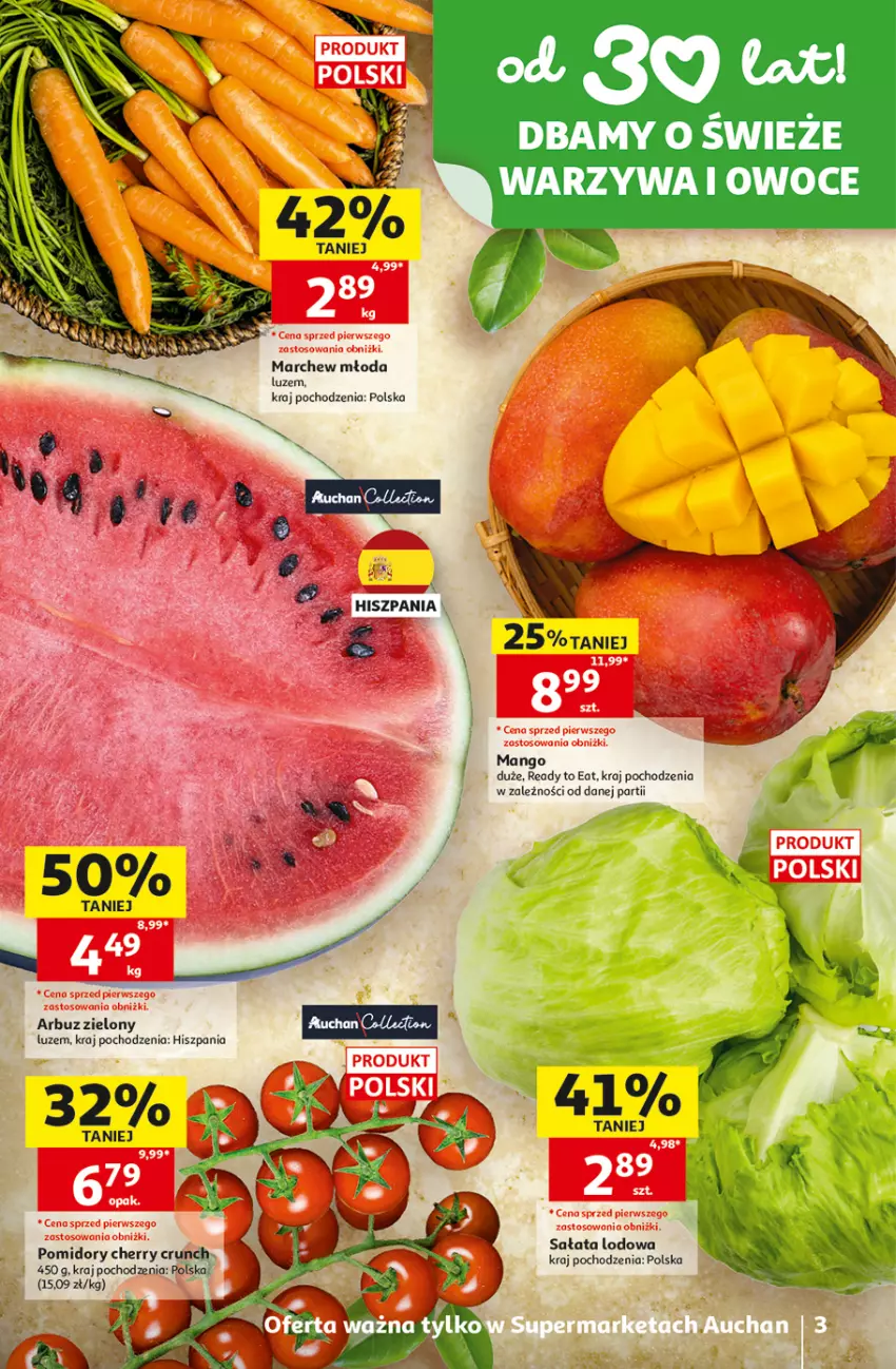 Gazetka promocyjna Auchan - 30 Lat Supermarket - ważna 25.06 do 01.07.2026 - strona 3 - produkty: Arbuz, Mango, Owoce, Pomidory, Sałat, Sałata lodowa, Warzywa, Warzywa i owoce