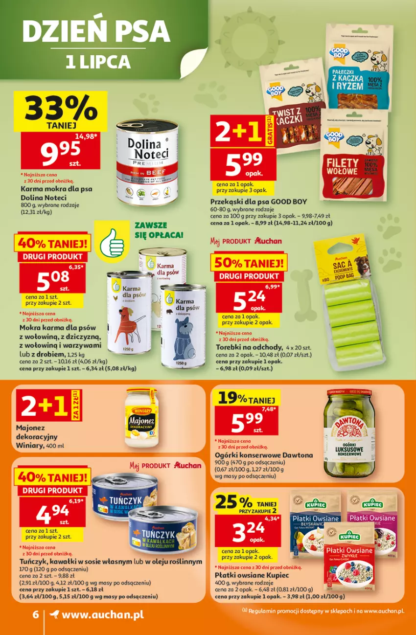 Gazetka promocyjna Auchan - 30 Lat Supermarket - ważna 25.06 do 01.07.2026 - strona 6 - produkty: Dawtona, Kawa, Kupiec, Majonez, Mokra karma, Ogórki konserwowe, Olej, Piec, Płatki owsiane, Przekąski dla psa, Saga, Ser, Sos, Tuńczyk, Warzywa, Winiary