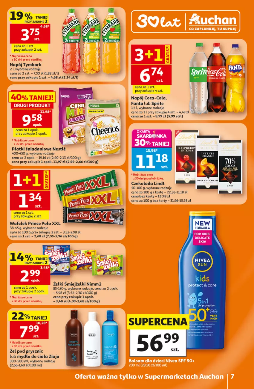 Gazetka promocyjna Auchan - 30 Lat Supermarket - ważna 25.06 do 01.07.2026 - strona 7 - produkty: Coca-Cola, Czekolada, Danio, Fa, Fanta, Lindt, Mydło, Napój, Nimm2, Prince Polo, Sprite, Tymbark, Wafelek, Ziaja