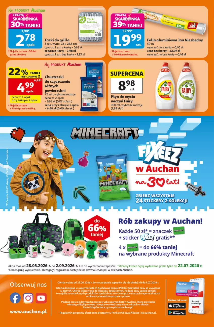 Gazetka promocyjna Auchan - 30 Lat Supermarket - ważna 25.06 do 01.07.2026 - strona 8 - produkty: Chusteczki, Chusteczki do czyszczenia, Do mycia naczyń, Fa, Fairy, Folia aluminiowa, Gra, Grill, Jan Niezbędny, Minecraft, Płyn do mycia, Płyn do mycia naczyń