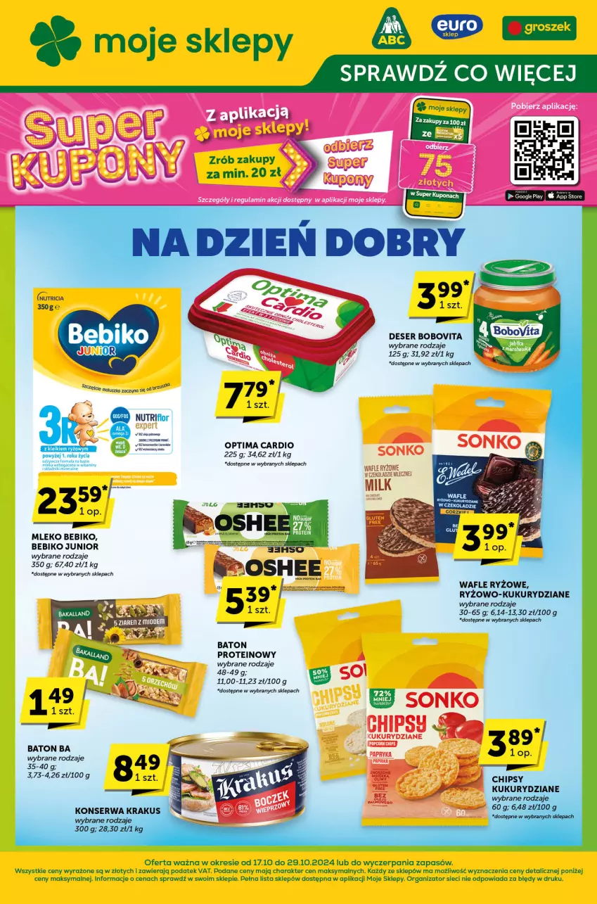 Gazetka promocyjna ABC - ważna 17.10 do 29.10.2024 - strona 1 - produkty: Baton, Bebiko, BoboVita, Chipsy, Deser, Krakus, Optima, Optima Cardio, Papryka, Ryż, Ser, Wafle