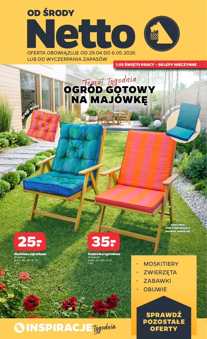 Gazetka promocyjna Netto - Od Środy - ważna 29.04 do 06.05.2026 - strona 1 - produkty: Obuwie, Ogród, Poduszka, Siedzisko, Zwierzęta