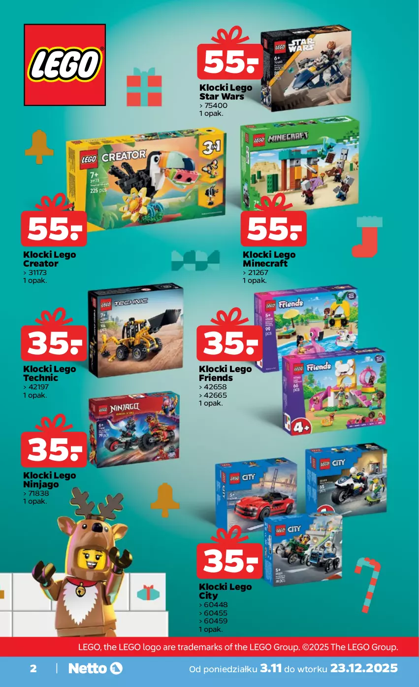 Gazetka promocyjna Netto - Katalog Zabawki 2025 - ważna 03.11 do 23.12.2025 - strona 2 - produkty: Klocki, LEGO, LEGO City, LEGO Creator, LEGO Friends, LEGO Minecraft, LEGO Ninjago, LEGO Star Wars, LEGO Technic, Minecraft, Star Wars