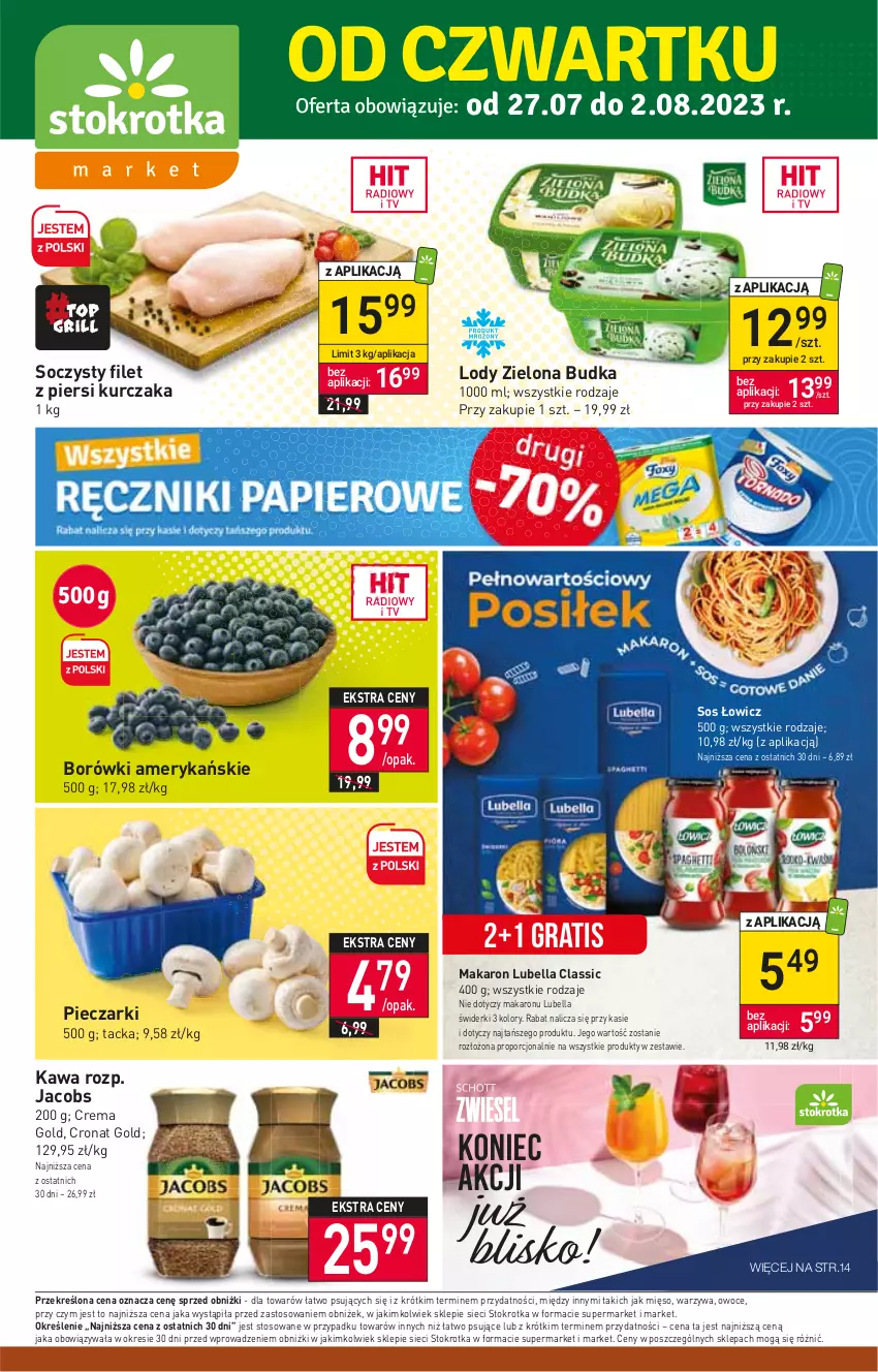 Gazetka promocyjna Stokrotka - Market - ważna 27.07 do 02.08.2023 - strona 1 - produkty: Bell, Bella, Filet z piersi kurczaka, Gra, Jacobs, Kawa, Kurczak, Lody, Lubella, Makaron, Mięso, Owoce, Piec, Por, Sos, Warzywa, Zielona Budka