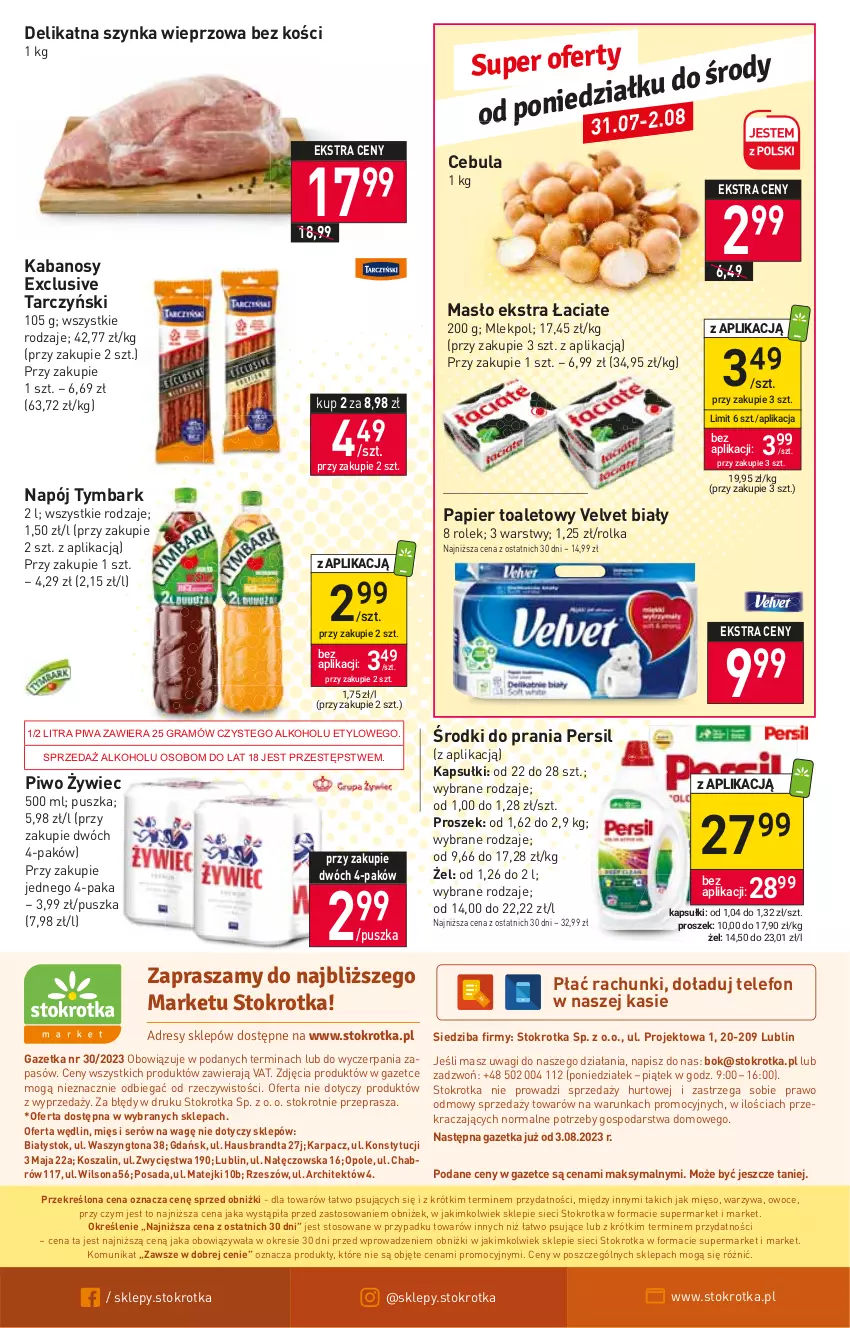 Gazetka promocyjna Stokrotka - Market - ważna 27.07 do 02.08.2023 - strona 16 - produkty: Cebula, Gra, Kabanos, Karp, Kosz, Masło, Mięso, Napój, O nas, Owoce, Papier, Papier toaletowy, Persil, Piwa, Piwo, Ser, Szal, Szynka, Szynka wieprzowa, Tarczyński, Telefon, Tymbark, Velvet, Wagi, Warzywa, Wilson