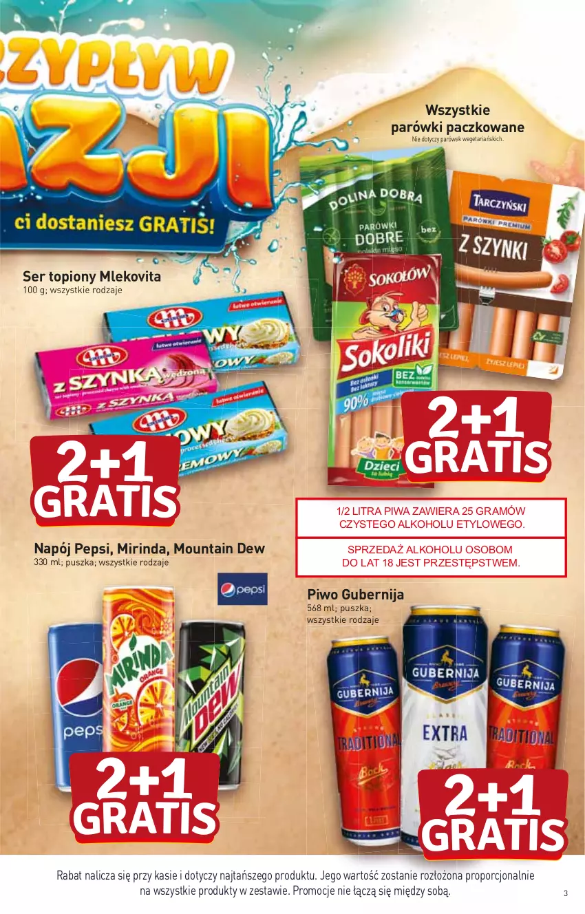 Gazetka promocyjna Stokrotka - Market - ważna 27.07 do 02.08.2023 - strona 3 - produkty: Mirinda, Mleko, Mlekovita, Napój, Parówki, Pepsi, Piwo, Por, Ser, Ser topiony, Top