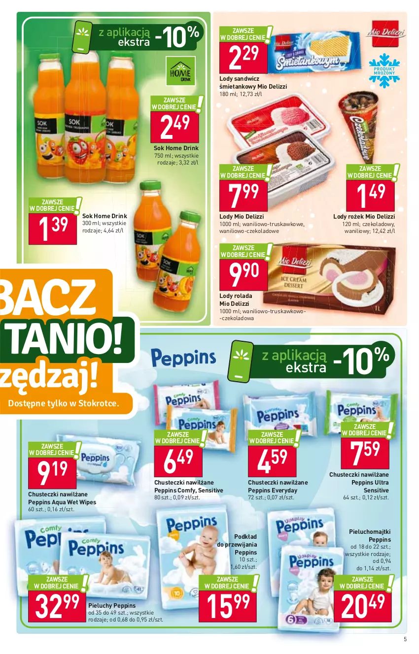 Gazetka promocyjna Stokrotka - Market - ważna 27.07 do 02.08.2023 - strona 5 - produkty: Chusteczki, Lody, Majtki, Pieluchomajtki, Pieluchy, Podkład, Rolada, Sok