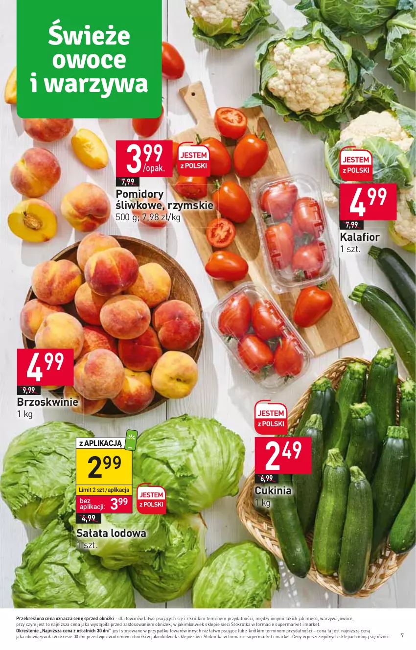 Gazetka promocyjna Stokrotka - Market - ważna 27.07 do 02.08.2023 - strona 7 - produkty: Brzoskwinie, Kalafior, Mięso, Owoce, Pomidory, Sałat, Sałata lodowa, Warzywa