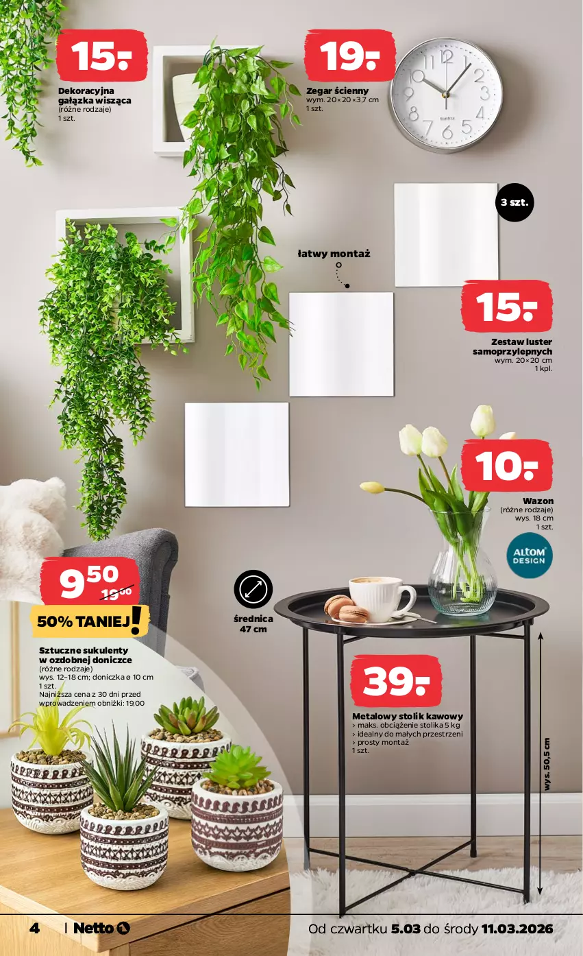 Gazetka promocyjna Netto - Od Czwartku - ważna 05.03 do 11.03.2026 - strona 4 - produkty: Mop, Stolik, Stolik kawowy, Sukulent, Wazon, Zegar