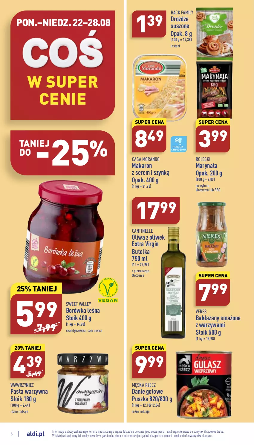 Gazetka promocyjna Aldi - Katalog spożywczy - ważna 22.08 do 28.08.2022 - strona 6 - produkty: Borówka, Danie gotowe, Drożdże, Fa, Gin, Makaron, Oliwa, Oliwa z oliwek, Owoce, Pasta warzywna, Ser, Warzywa